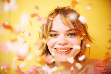 Fototapeta premium Celebrating happiness, young woman dancing with big smile throwing confetti. Party, holidays and birthday concept. Generative AI