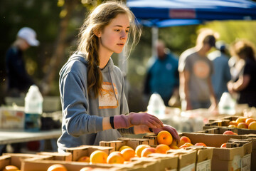 Young woman taking part in Fair Trade's contribution to sustainable development, and the economic empowerment of small producers. Food illustration made with AI tools.