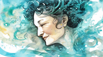Relaxed smiling middle aged woman with long dark curly hair with splashes of water, psychological help and meditation, selfcare and mind analysis, watercolor illustration (Generative AI)   - 586275616