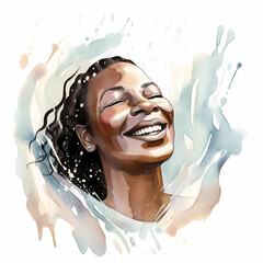 Natural beauty happy and smiling middle aged African American woman surrounded with splashes of water and enjoying this refreshing feeeling, watercolor illustration (Generative AI). Skin and haircare  - 586275665