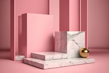 Empty podium mock up display, blank cosmetic ads stand product placement fashion ads on minimal pink color background, pedestal mockup scene platform ai generative promotion concept.