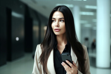 Businesswoman with long black hair and professional outfit is using a mobile phone in the lobby. Generative AI