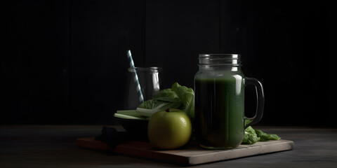 Healthy green smoothie on the dark background. Generative AI.
