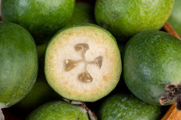 Ripe and soft green feijoa on the table