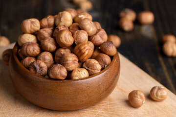 Peeled hazelnuts during cooking, close-up of freshly picked hazelnuts in the kitchen
