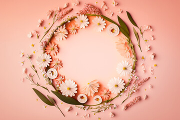 Couronne de fleurs sur fond rose, vu de dessus, arrière plan de printemps - Générative IA