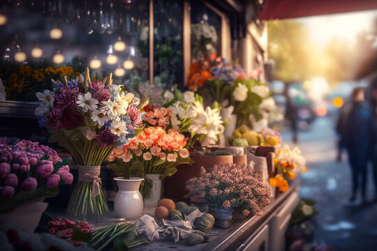 Etal devant la vitrine du fleuriste avec bouquets de fleurs - G&eacute;n&eacute;rative IA