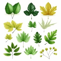 set of green leaves. white backgruond. AI Generative