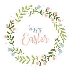 Happy easter. Template for postcard or invitation. A wreath of spring flowers and an inscription.