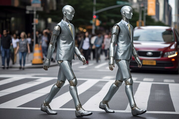 cybernetic robot are walking through the street. Droid spending time with the man in suit. Helper android concept. Generative AI