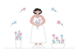 Flat vector illustration of girl in white dress, illustration of a bride, bride with flowers, joyful bride, girl getting married, girl at the flower garden, girl with bouquet