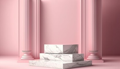 Empty podium mock up display, blank cosmetic ads stand product placement fashion ads on minimal pink color background, pedestal mockup scene platform ai generative promotion concept.