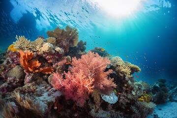 An image of a vibrant coral reef teeming with colorful marine life taken with an underwater wide. Generative Ai