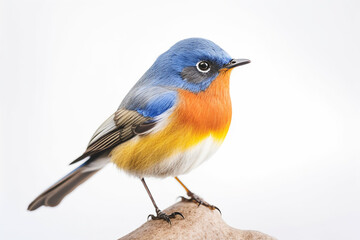 blue bird with yellow marking on its wings isolated on white background. Generative Ai
