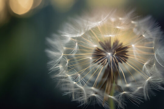 Close - up image of a dandelion seed head with a wide aperture. Generative Ai