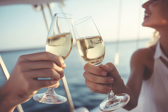 Happy friends with glasses of champagne on yacht. Generative Ai