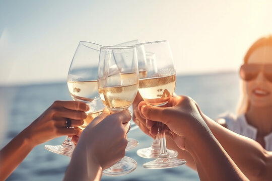 Happy friends with glasses of champagne on yacht. Generative Ai