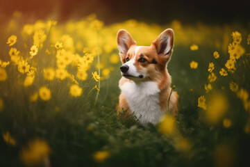 Red corgi sits in green grass with many yellow dandelion flowers. Generative Ai