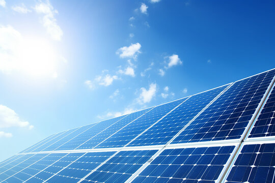 Solar panels on blue sky and sun. Generative Ai
