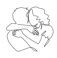 Continuous one line drawing of romantic embrace of two lovers, newlyweds, young people. Loving couple hugging. The concept of friendship, emotional support, comfort someone