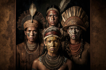 Group portrait of indigenous people from the Amazon with ritual paintings on their face and headdresses looking at the camera. Generative ai