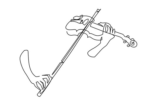 Continuous one line vector drawing of aesthetic violin playing. Elegant female hands with a bow and a violin minimalistic clipart isolated on a white background. Concept art of symphonic music.