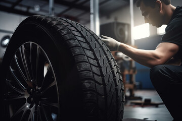 Fototapeta na wymiar tire at repairing service garage background. Technician man replacing winter and summer tire for safety road trip. Transportation and automotive maintenance concept. Generative ai