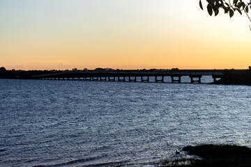 View of the sunset at the water reservoir of the Jurumirim lake dam in Avaré, state of São Paulo
