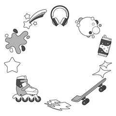 Frame with fashion items. Monochrome teenage background. Creative fun symbol in cartoon style.