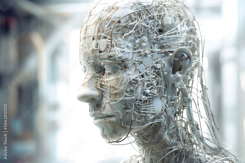 Poster illustration of a beautiful female android head. robotic and artificial intelligence concept. create