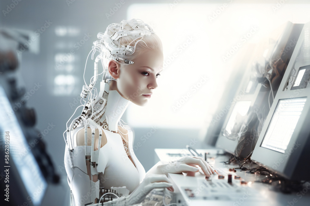 Poster illustration of a beautiful female white android head. robotic and artificial intelligence concept. 