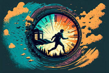 Person traveling in time with a time machine. Realistic style with a limited color palette to create a sense of authenticity. Generative AI - obrazy, fototapety, plakaty