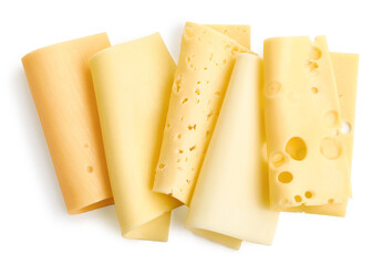 Group of different cheese slices isolated on white background