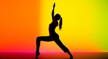Fototapeta na wymiar Silhouette of a woman doing yoga on a colored background. Generative Ai