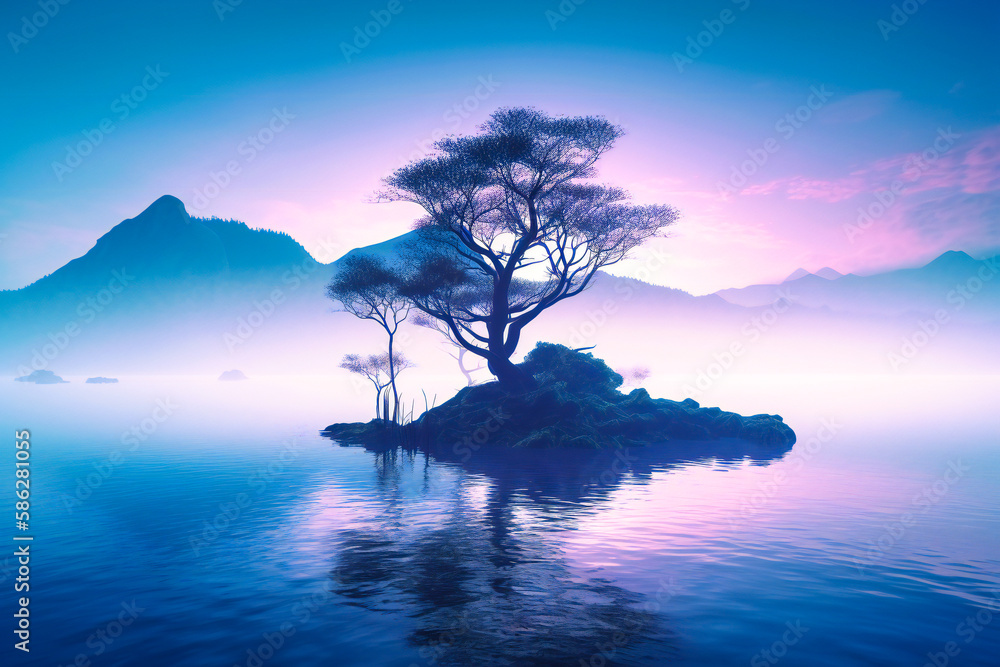 Poster illustration of a lone tree on a lake. isolation and loneliness concept. created with generative ai 