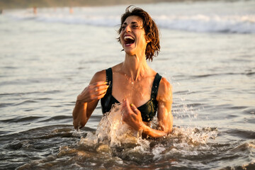 Woman happy portraits yoga biniki jungle beach plants heart mindful joyful asana lifestyle face meditating breath