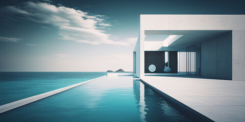 Fototapeta na wymiar Luxury modern villa with pool and ocean on horizon background Generative AI