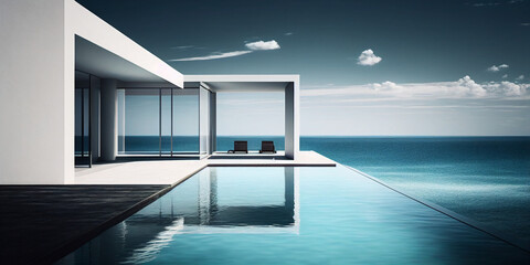 Fototapeta na wymiar Luxury modern villa with pool and ocean on horizon background Generative AI