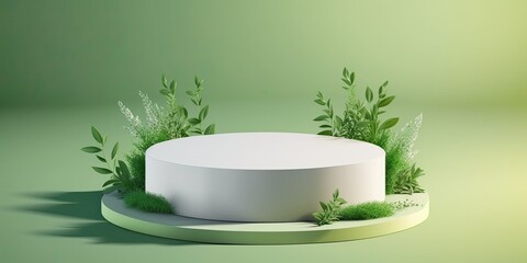 Empty podium, natural mock up display, blank eco plants stand cosmetic product fashion ads on minimal branches leaves green background. Luxury pedestal nature mockup scene platform ai generative