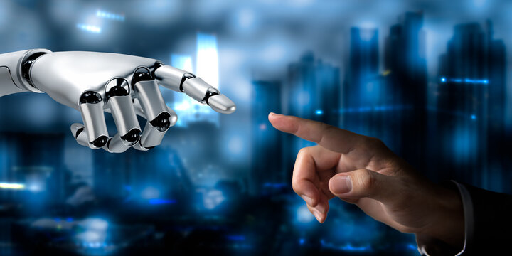 Artificial intelligence concept. White 3D robot hand pointing at human hand on virtual background.