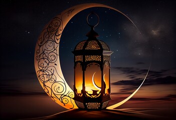 Ramadan Kareem background with arabic lantern and crescent moon, Generative AI