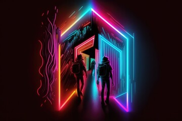 Man and a woman standing in front of a glowing neon house