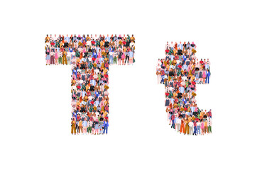 Large group of people in letter T form. People standing together. A crowd of male and female characters. Flat vector illustration isolated on white background.