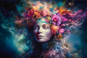 Creative fantasy portrait of a girl surrounded by flowers and clouds. Concept of dream, meditation, transcendent conscience and creative mind. Created with Generative AI technology.