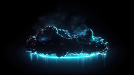 3d render, abstract cloud illuminated with neon light ring on dark night sky. Generative Ai