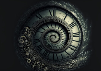 Obraz premium Concept of time travel represented as a spiral or vortex. Stylized realism with vivid touches to accentuate the subject. Generative AI