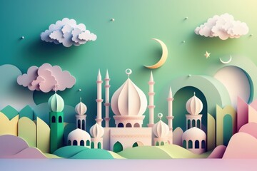 Paper art style Ramadan Kareem background with mosque and clouds. Generative AI illustration.