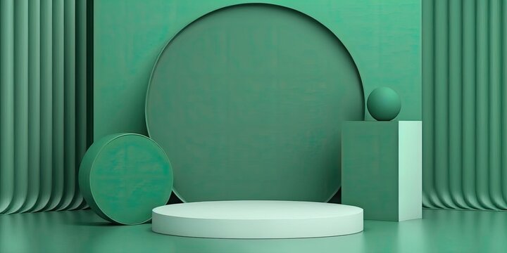 Empty podium, mock up placement display, blank beauty stand for cosmetic product fashion ads on minimal green background. Luxury pedestal stage mockup scene platform ai generative concept.