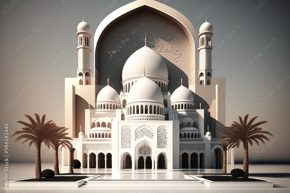 Poster generative ai of mosque with palm trees in background. ramadan kareem concept