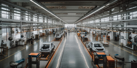 Obraz premium interior of a modern automotive factory with a car assembly line - Generative AI